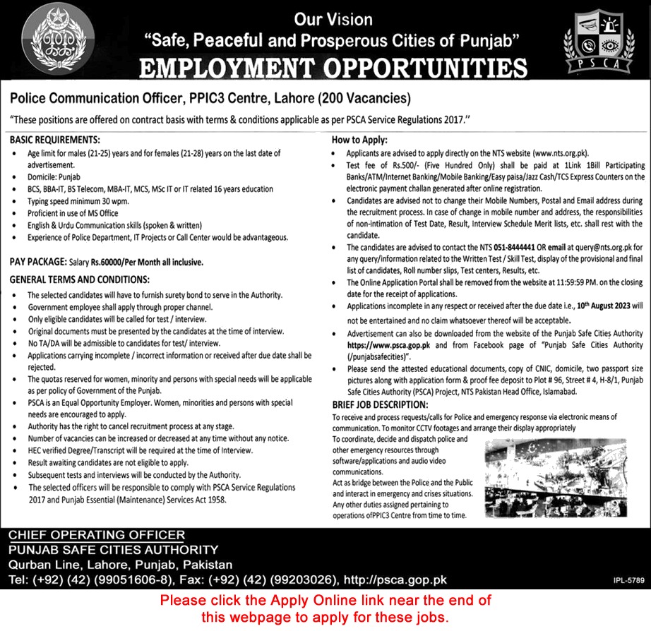Police Communication Officer, PPIC3  Centre, Lahore (200 Vaccines)